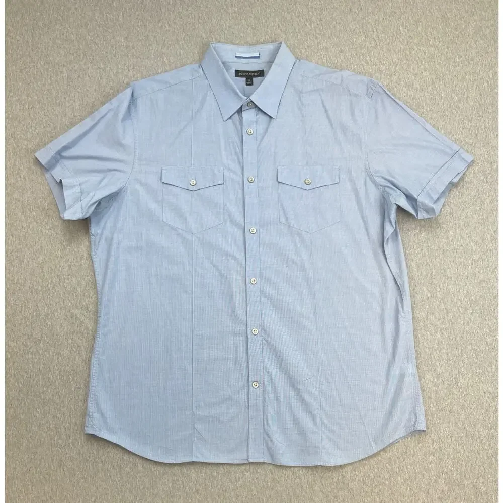 Banana Republic‎ Shirt Mens XL Blue Cotton Blend Stretch Short Sleeve Button Up